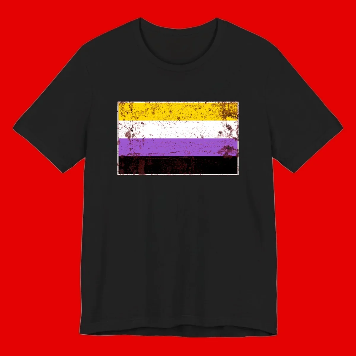 Nonbinary pride flag with yellow, white, purple, and black horizontal stripes featuring distressed grunge texture overlay