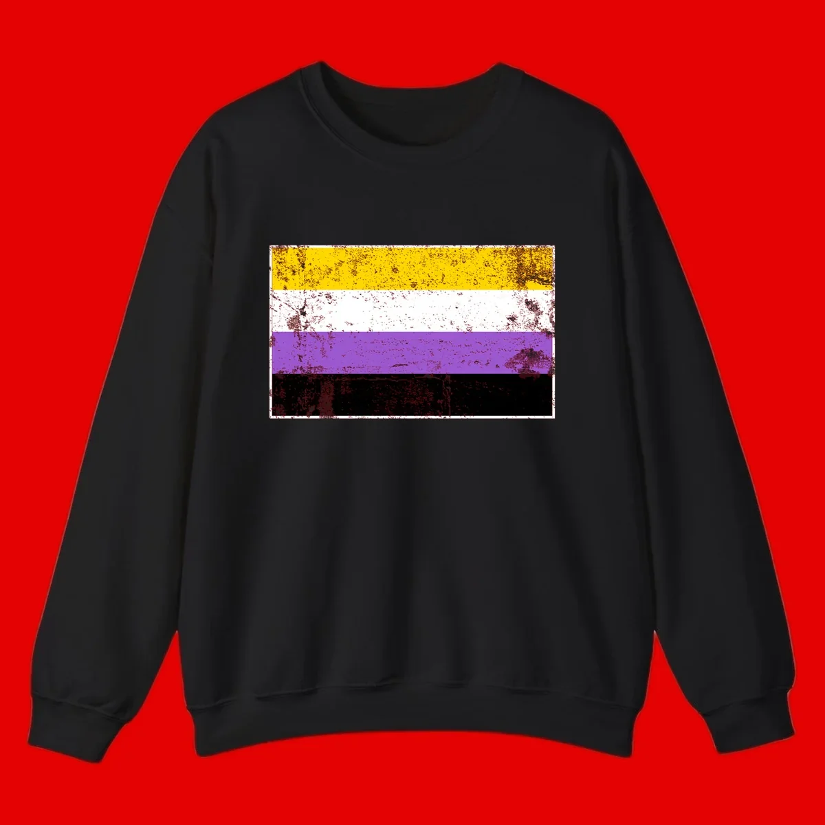 Nonbinary pride flag with yellow, white, purple, and black horizontal stripes featuring distressed grunge texture overlay
