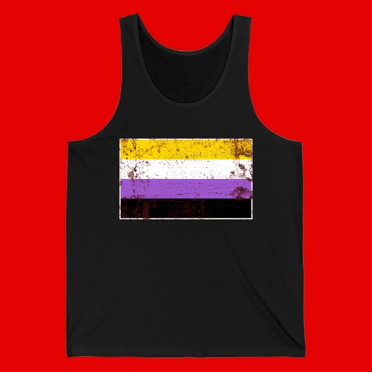 Nonbinary pride flag with yellow, white, purple, and black horizontal stripes featuring distressed grunge texture overlay