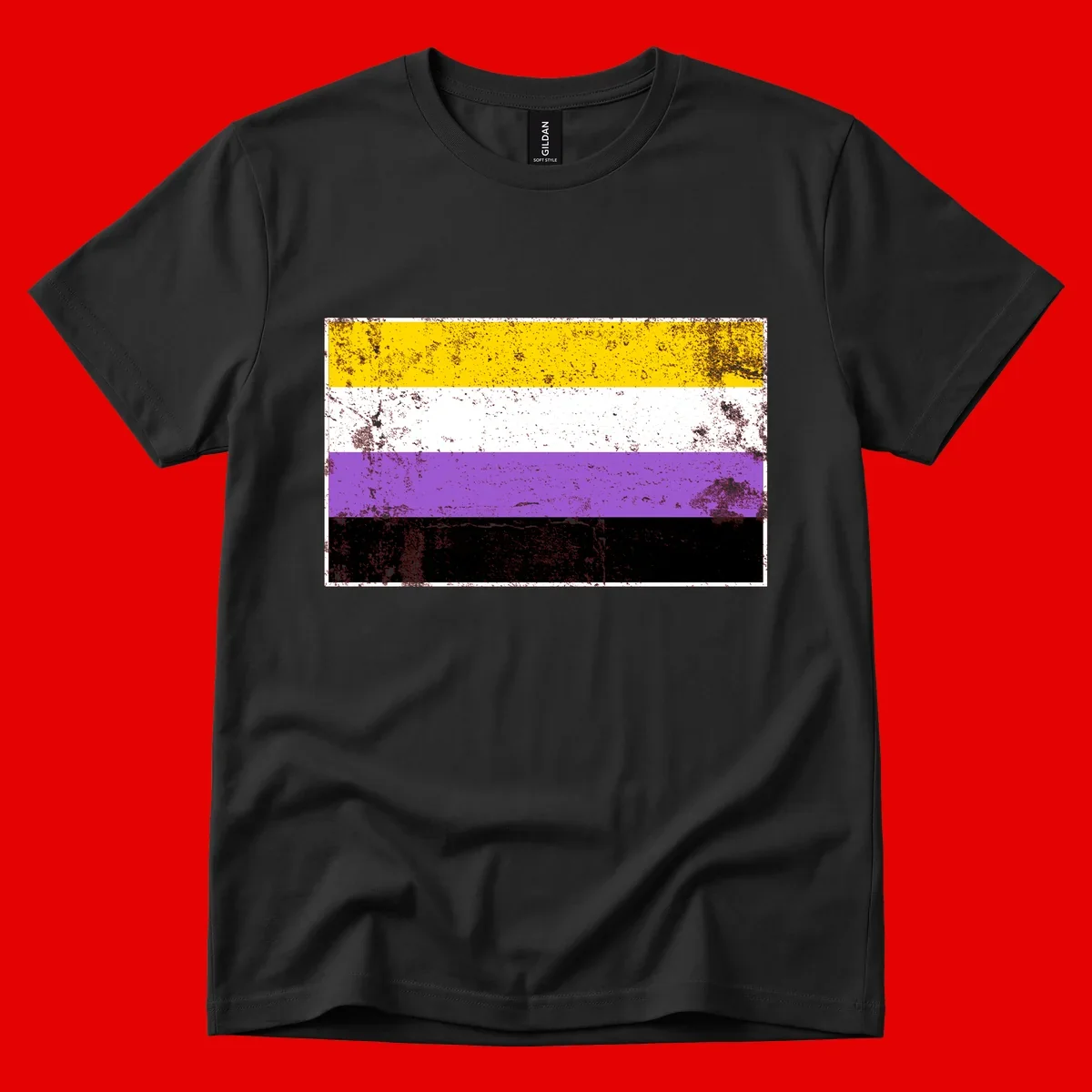 Nonbinary pride flag with yellow, white, purple, and black horizontal stripes featuring distressed grunge texture overlay
