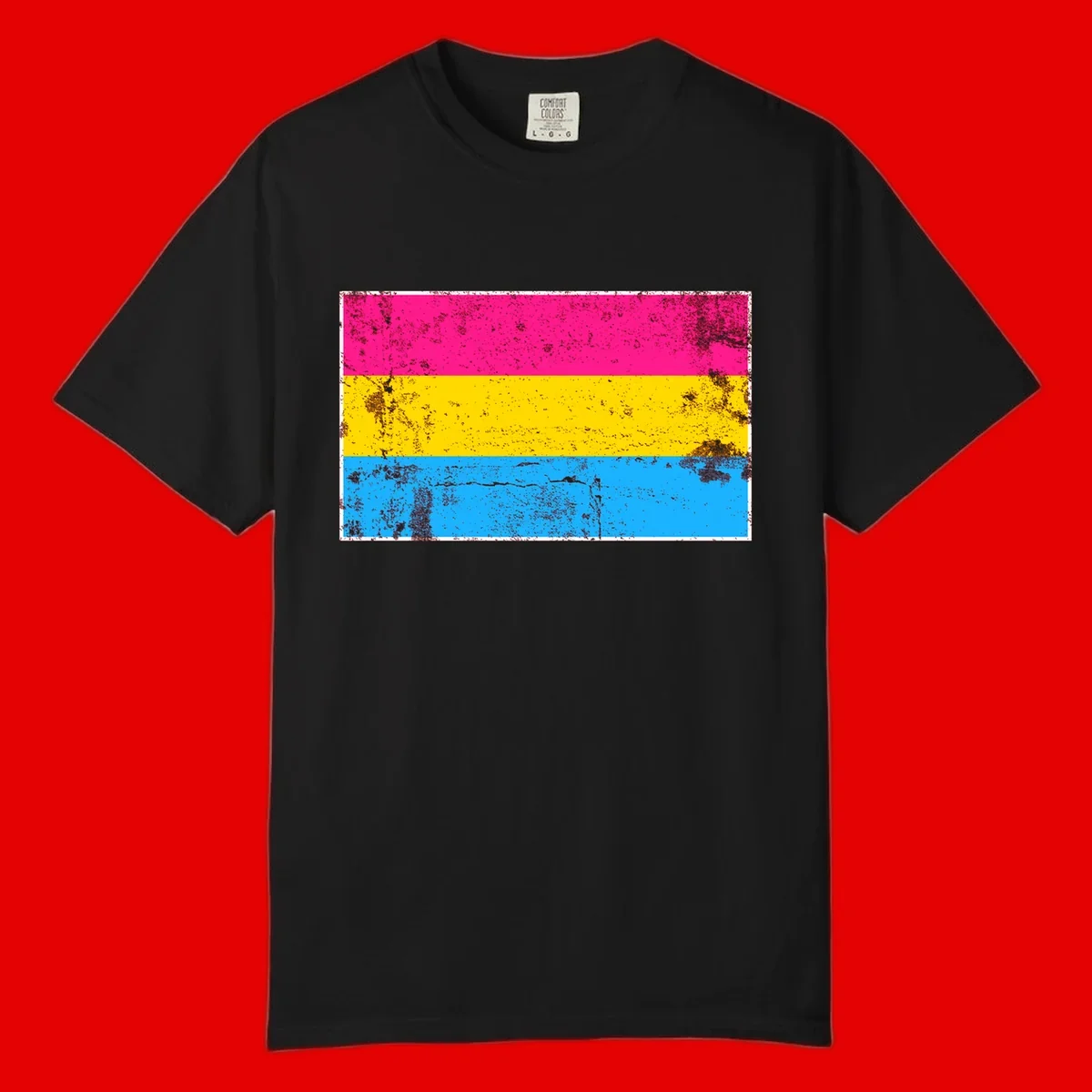Pan pride distressed flag with magenta, yellow, and cyan blue horizontal stripes featuring heavy grunge texture overlay