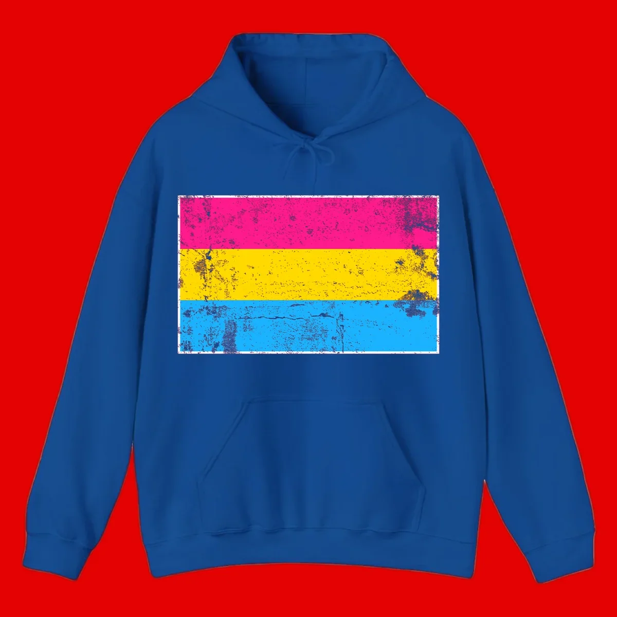 Pan pride distressed flag with magenta, yellow, and cyan blue horizontal stripes featuring heavy grunge texture overlay