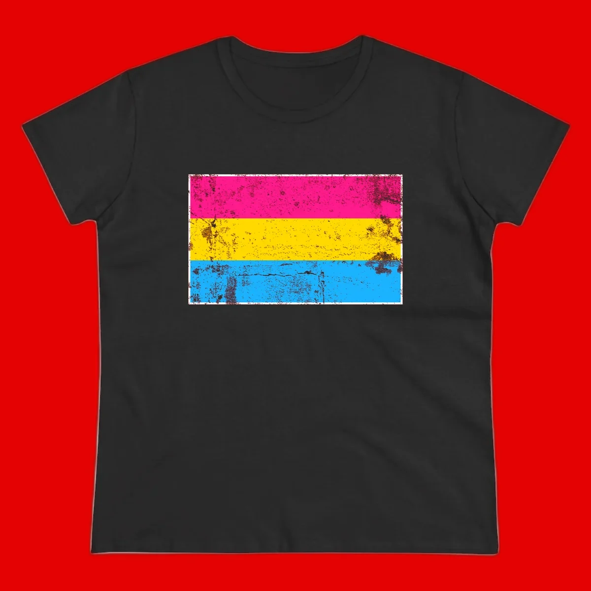 Pan pride distressed flag with magenta, yellow, and cyan blue horizontal stripes featuring heavy grunge texture overlay
