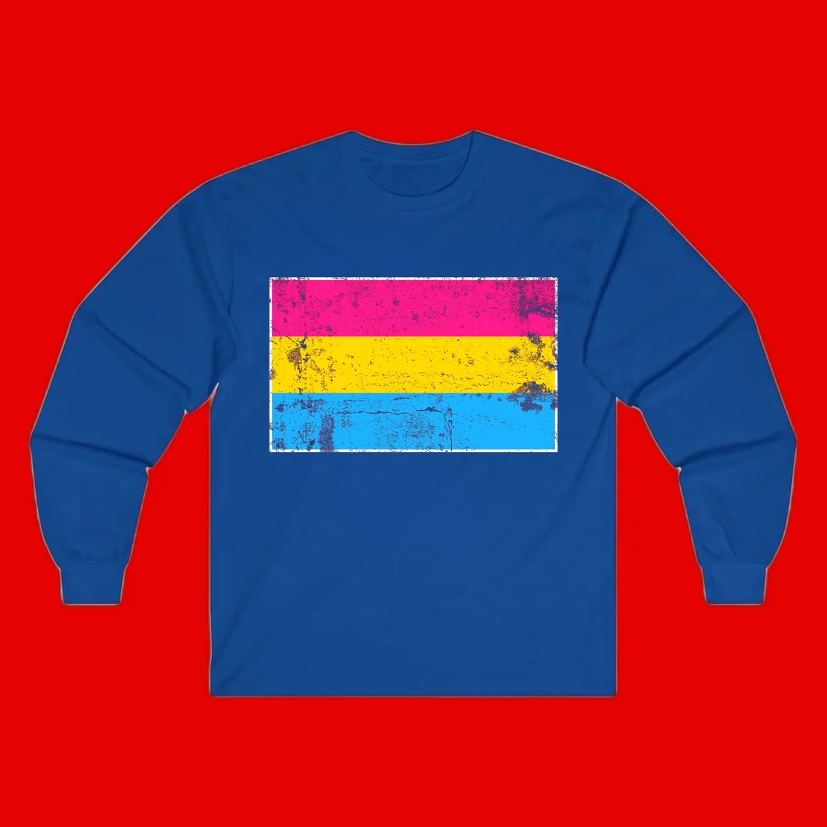 Pan pride distressed flag with magenta, yellow, and cyan blue horizontal stripes featuring heavy grunge texture overlay