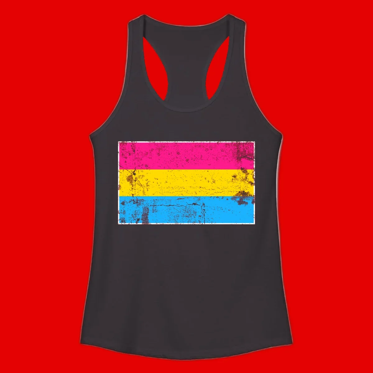 Pan pride distressed flag with magenta, yellow, and cyan blue horizontal stripes featuring heavy grunge texture overlay