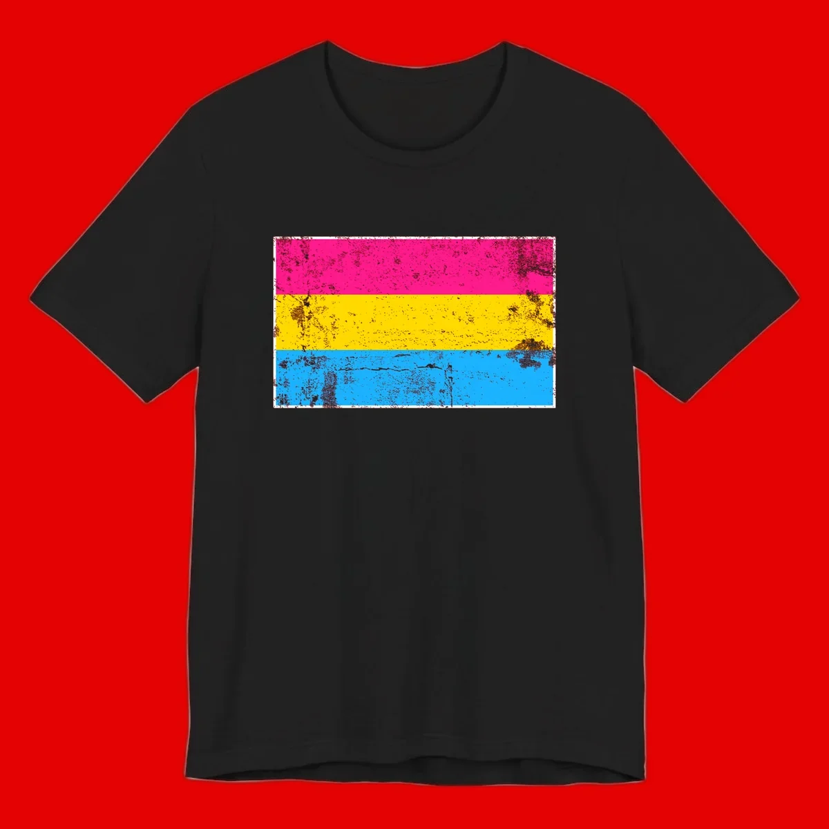 Pan pride distressed flag with magenta, yellow, and cyan blue horizontal stripes featuring heavy grunge texture overlay