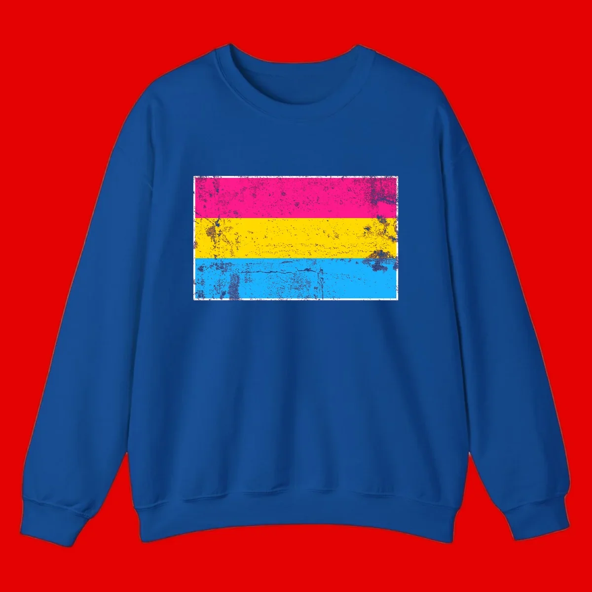 Pan pride distressed flag with magenta, yellow, and cyan blue horizontal stripes featuring heavy grunge texture overlay