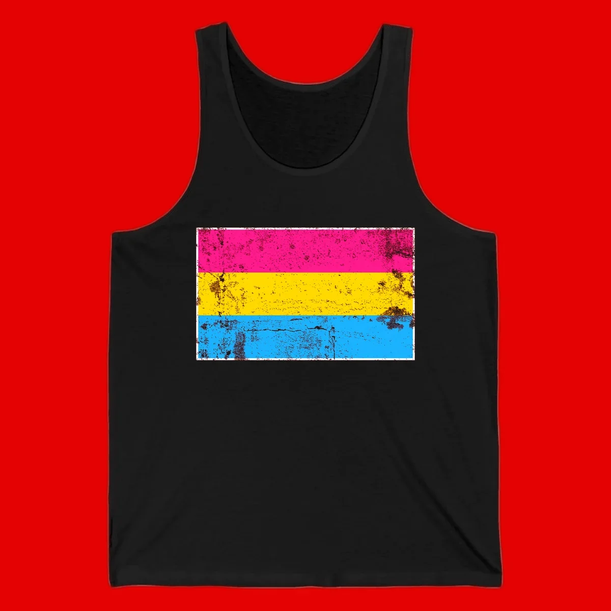 Pan pride distressed flag with magenta, yellow, and cyan blue horizontal stripes featuring heavy grunge texture overlay