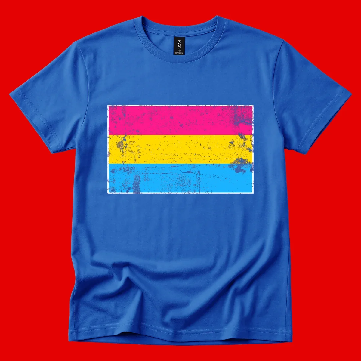 Pan pride distressed flag with magenta, yellow, and cyan blue horizontal stripes featuring heavy grunge texture overlay