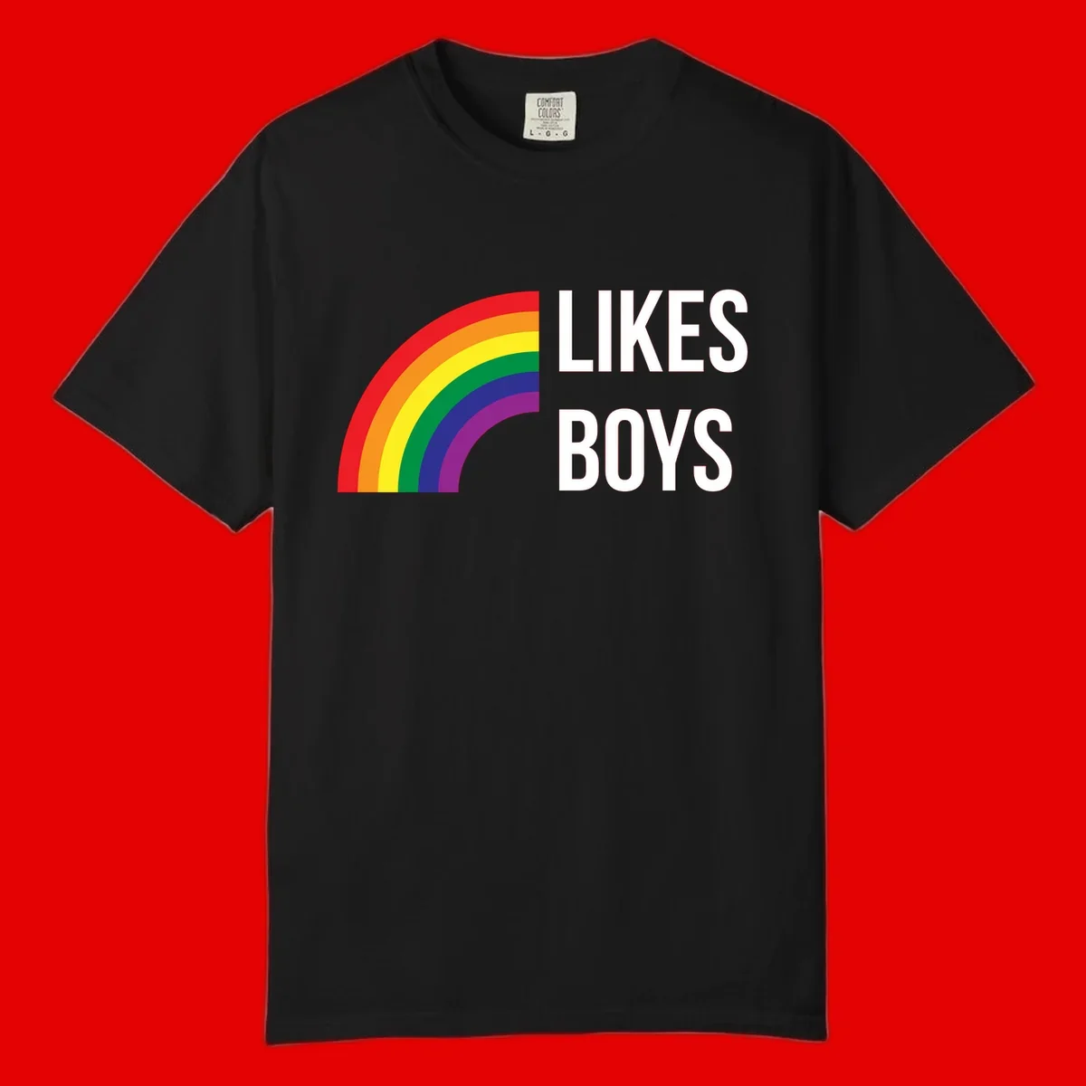 Likes boys pride design featuring a colorful rainbow arc with bold white text on gray background