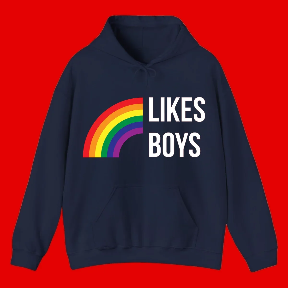 Likes boys pride design featuring a colorful rainbow arc with bold white text on gray background