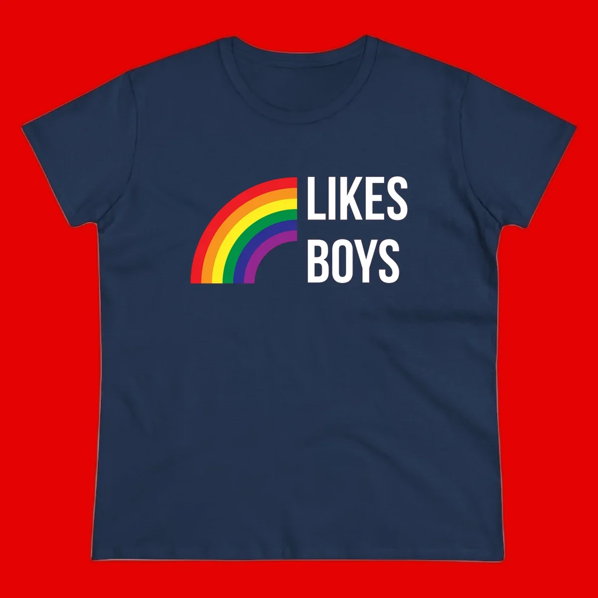 Likes boys pride design featuring a colorful rainbow arc with bold white text on gray background
