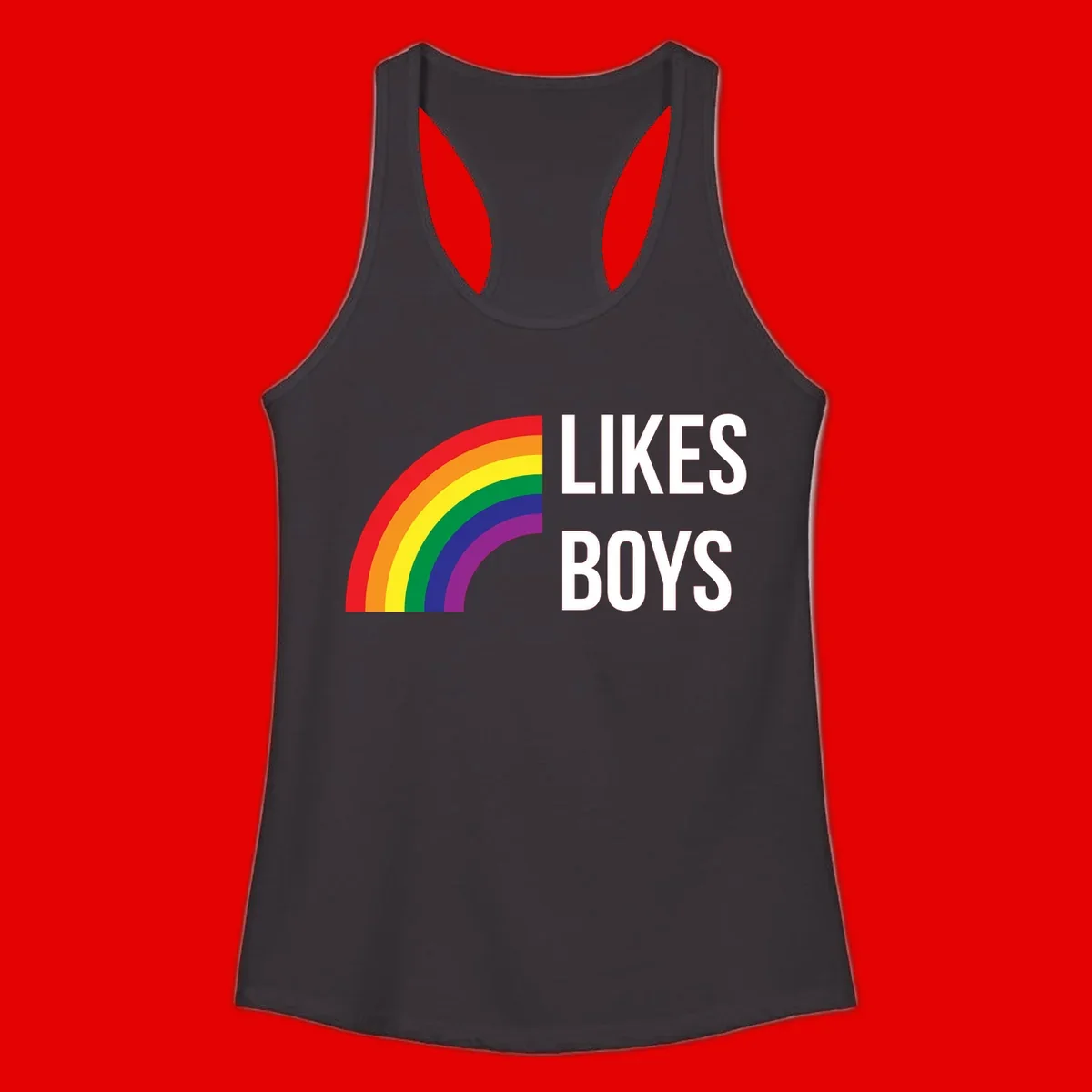 Likes boys pride design featuring a colorful rainbow arc with bold white text on gray background