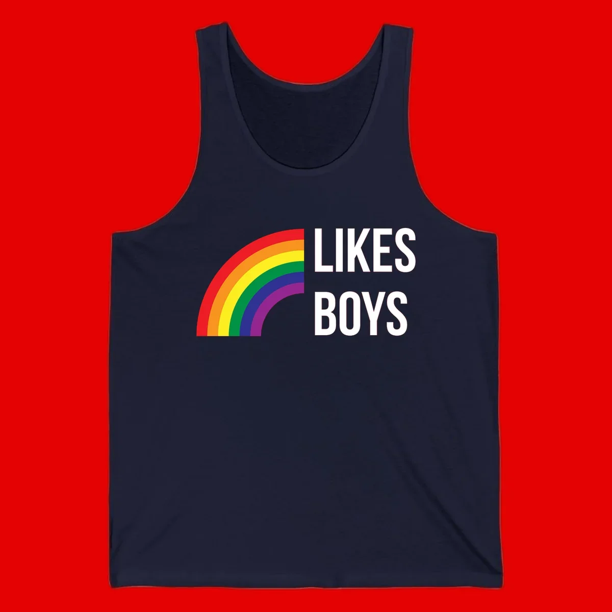 Likes boys pride design featuring a colorful rainbow arc with bold white text on gray background