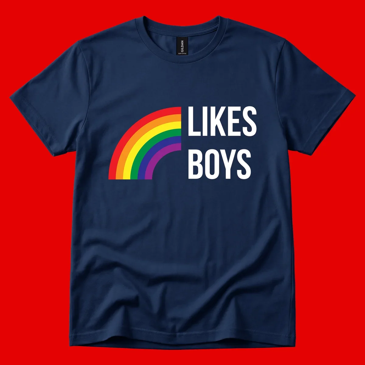 Likes boys pride design featuring a colorful rainbow arc with bold white text on gray background