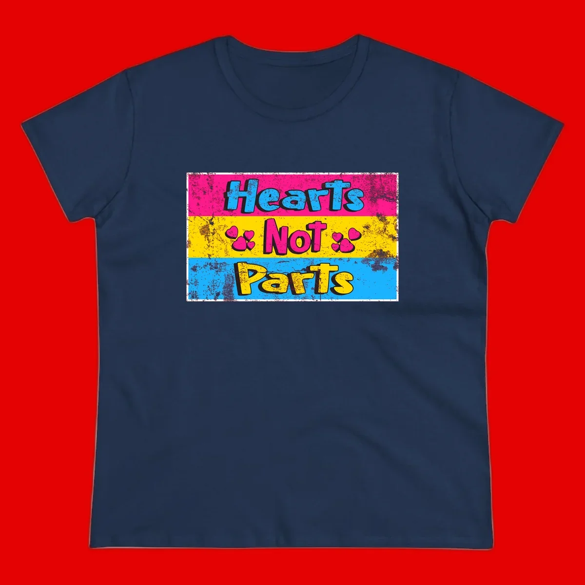 Hearts Not Parts design: magenta, yellow, and blue color-blocked graphic with distressed typography and pink hearts celebrating trans and non-binary identity