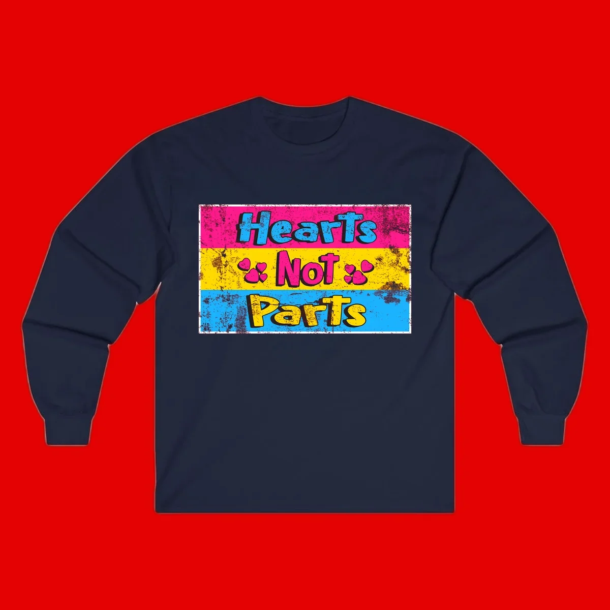 Hearts Not Parts design: magenta, yellow, and blue color-blocked graphic with distressed typography and pink hearts celebrating trans and non-binary identity