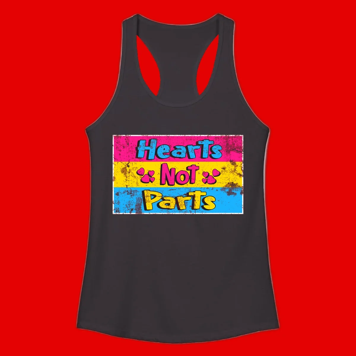 Hearts Not Parts design: magenta, yellow, and blue color-blocked graphic with distressed typography and pink hearts celebrating trans and non-binary identity