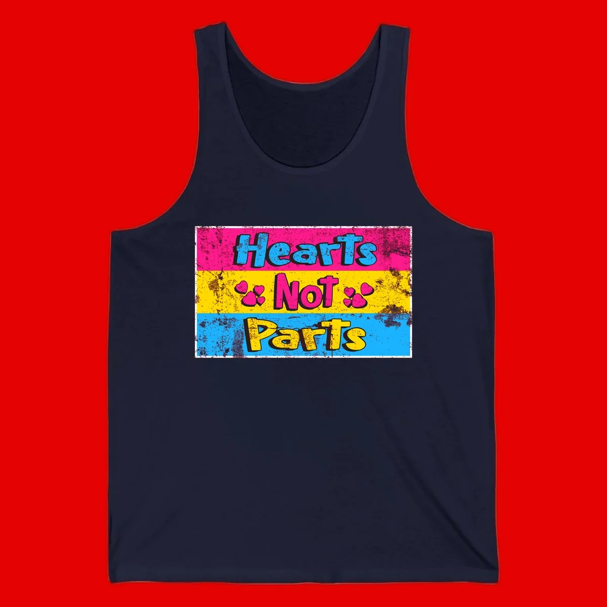 Hearts Not Parts design: magenta, yellow, and blue color-blocked graphic with distressed typography and pink hearts celebrating trans and non-binary identity