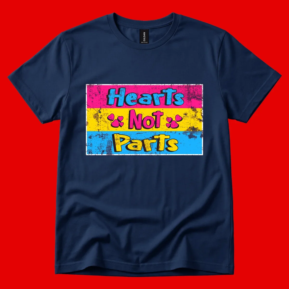 Hearts Not Parts design: magenta, yellow, and blue color-blocked graphic with distressed typography and pink hearts celebrating trans and non-binary identity