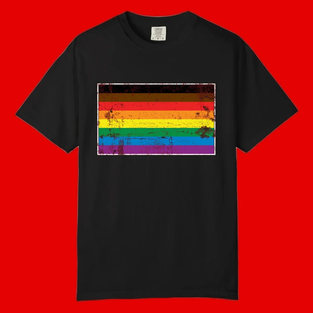 Distressed rainbow pride flag with eight horizontal stripes in black, brown, red, orange, yellow, green, blue, and purple
