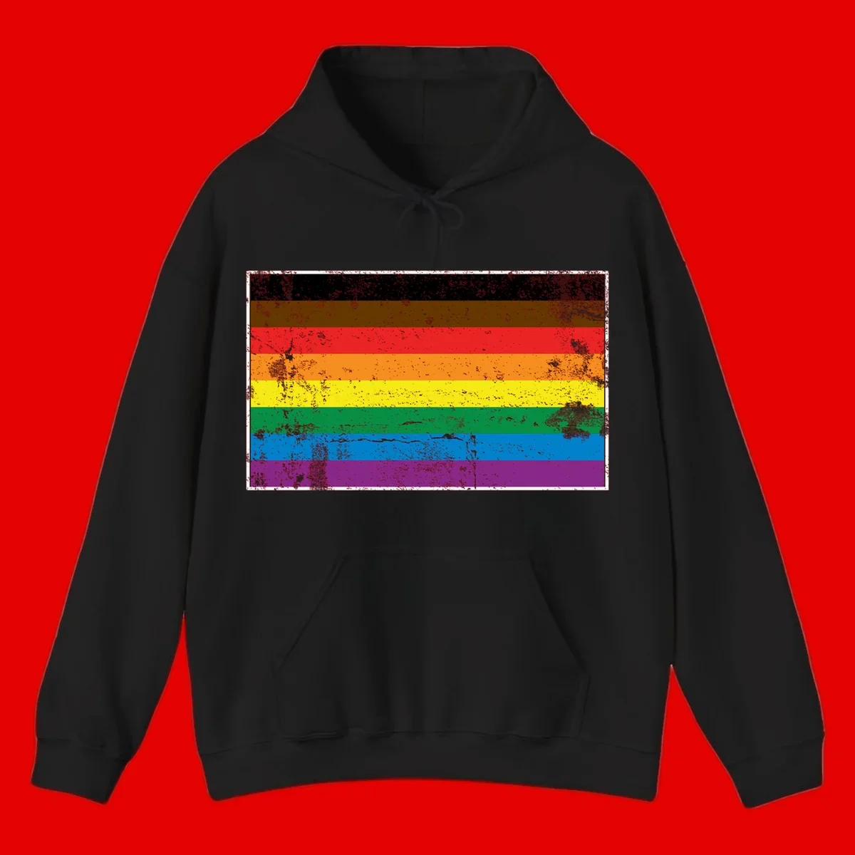 Distressed rainbow pride flag with eight horizontal stripes in black, brown, red, orange, yellow, green, blue, and purple