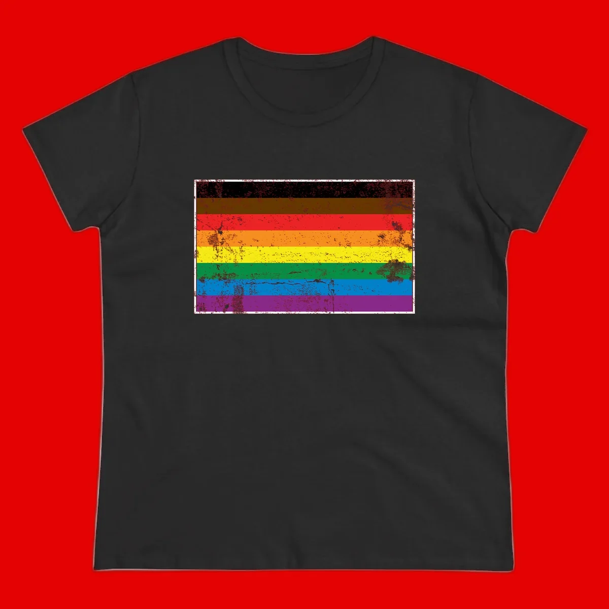 Distressed rainbow pride flag with eight horizontal stripes in black, brown, red, orange, yellow, green, blue, and purple