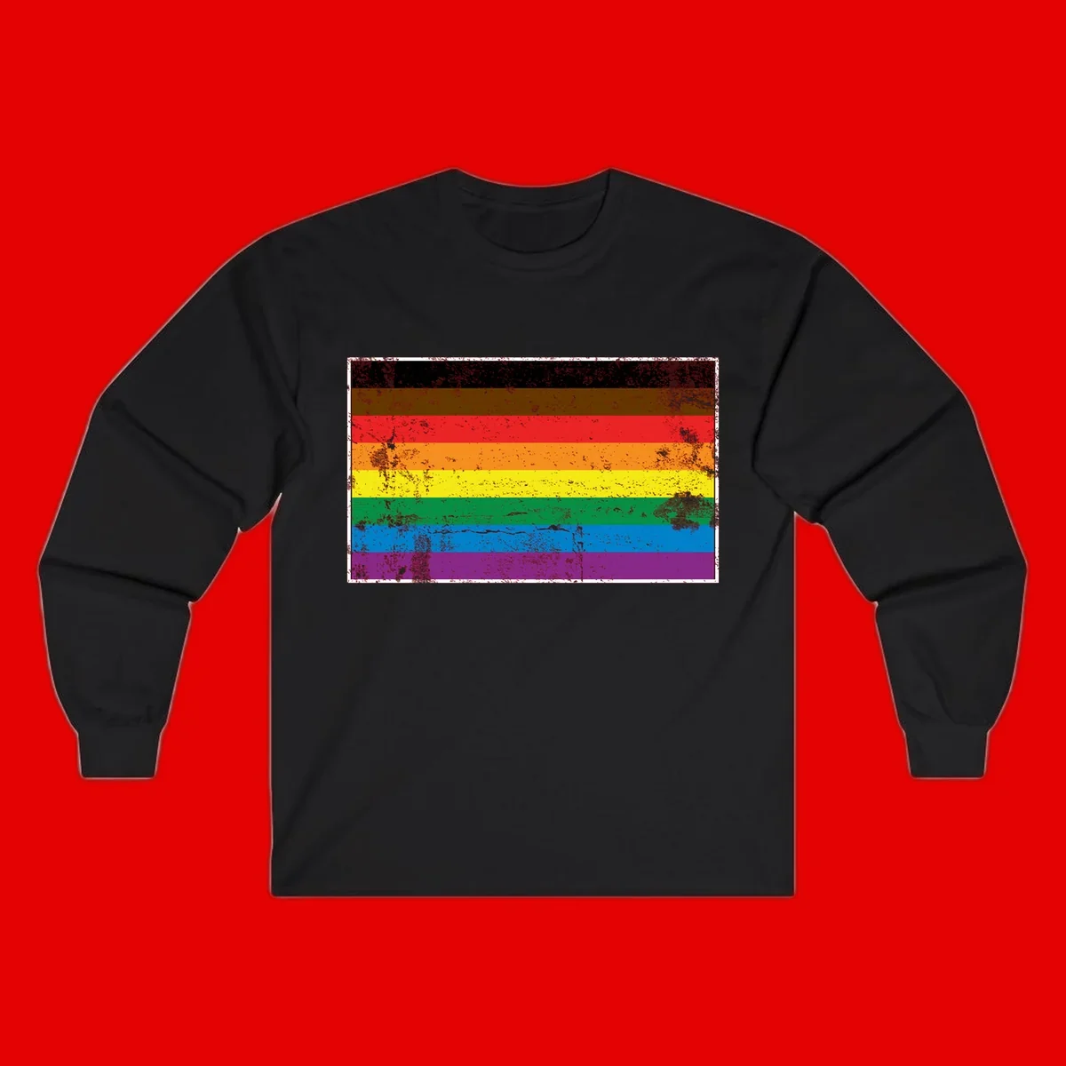 Distressed rainbow pride flag with eight horizontal stripes in black, brown, red, orange, yellow, green, blue, and purple