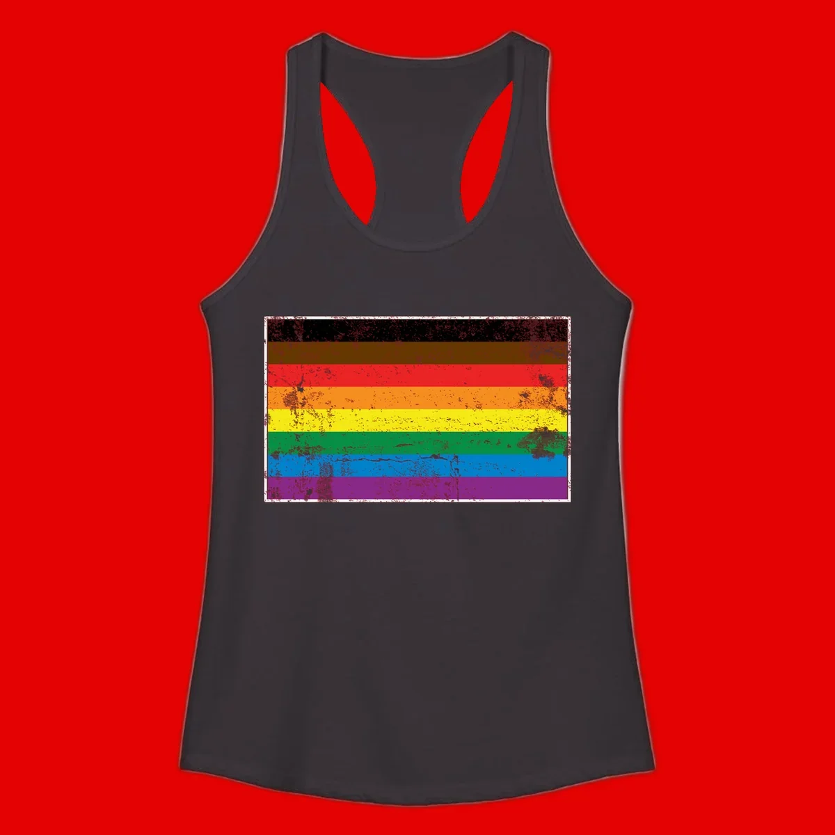 Distressed rainbow pride flag with eight horizontal stripes in black, brown, red, orange, yellow, green, blue, and purple
