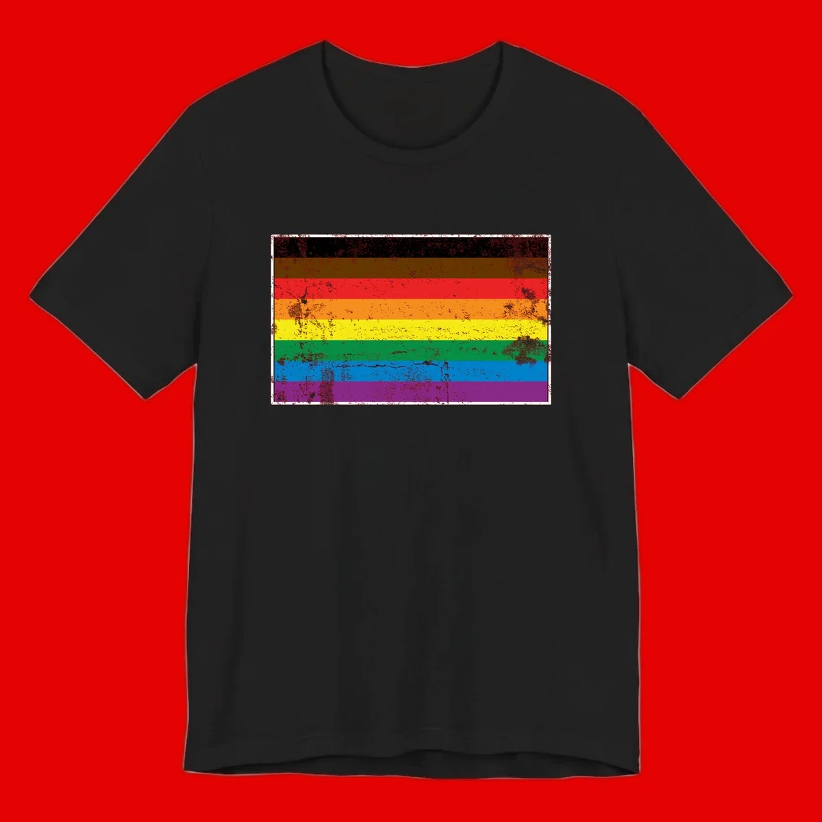 Distressed rainbow pride flag with eight horizontal stripes in black, brown, red, orange, yellow, green, blue, and purple