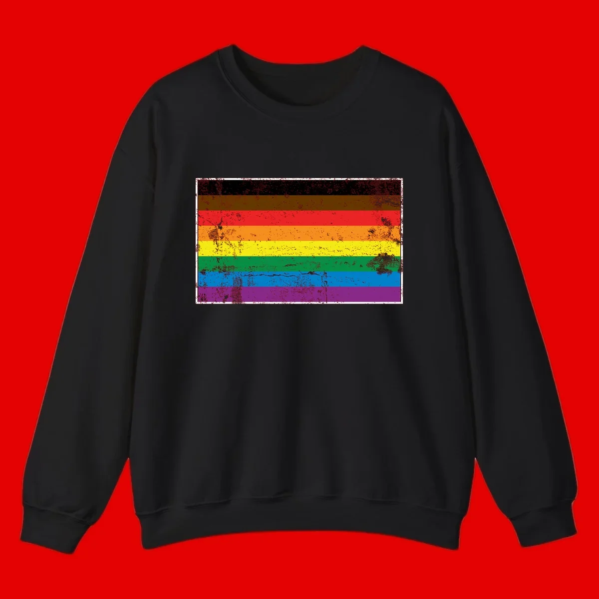 Distressed rainbow pride flag with eight horizontal stripes in black, brown, red, orange, yellow, green, blue, and purple