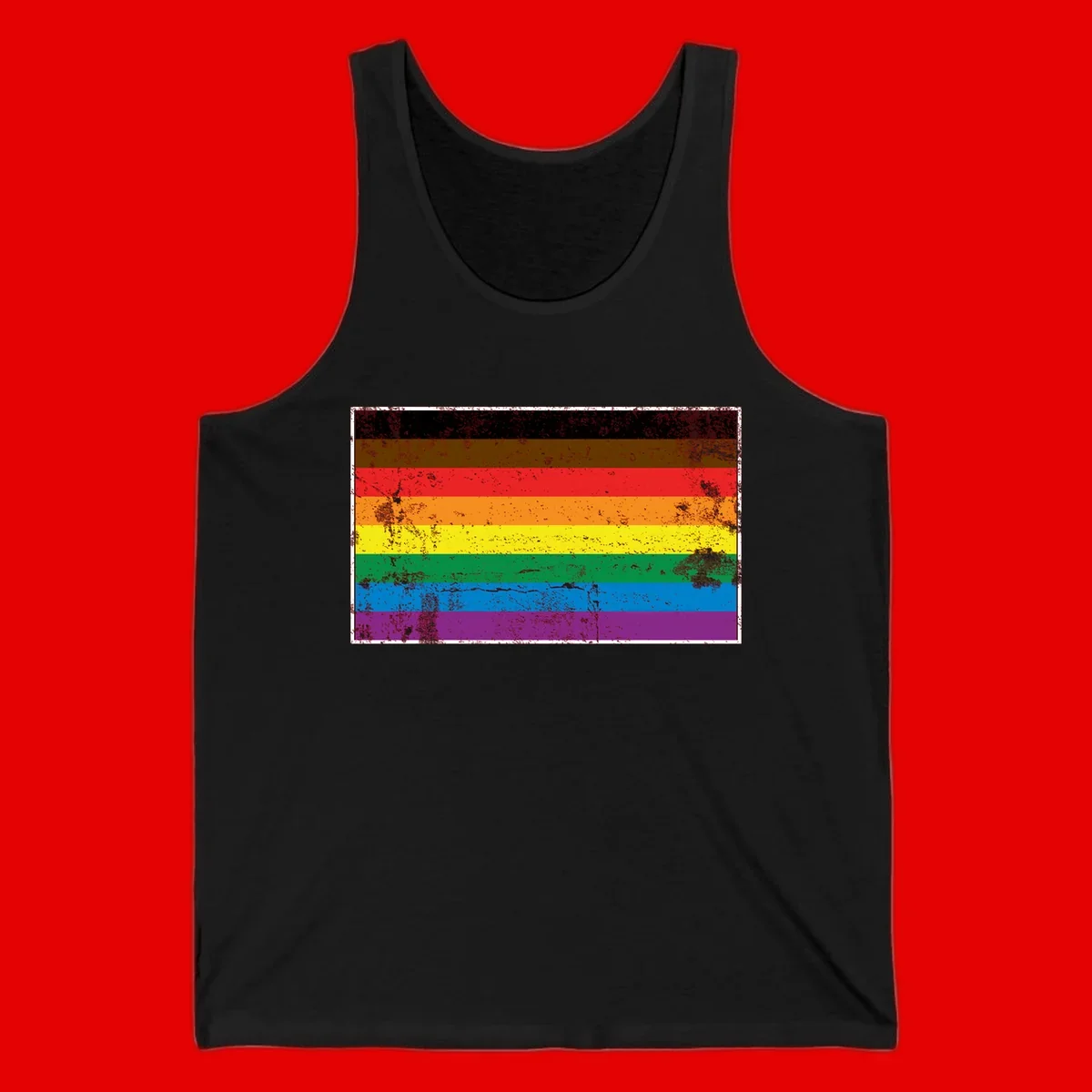 Distressed rainbow pride flag with eight horizontal stripes in black, brown, red, orange, yellow, green, blue, and purple