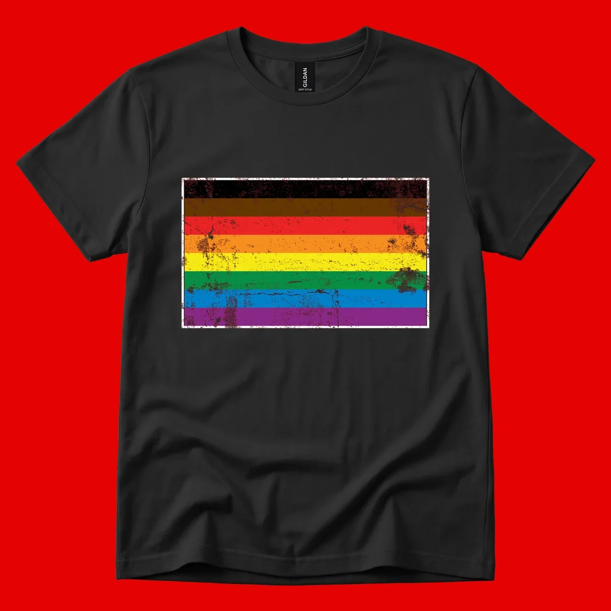 Distressed rainbow pride flag with eight horizontal stripes in black, brown, red, orange, yellow, green, blue, and purple