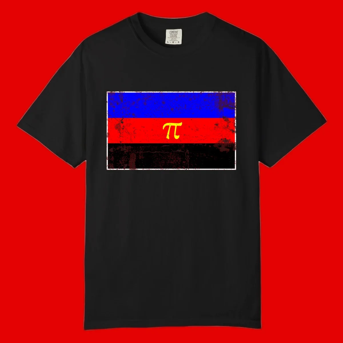 Pi mathematical symbol in yellow on distressed German flag with blue, red, and black horizontal stripes and grunge texture overlay