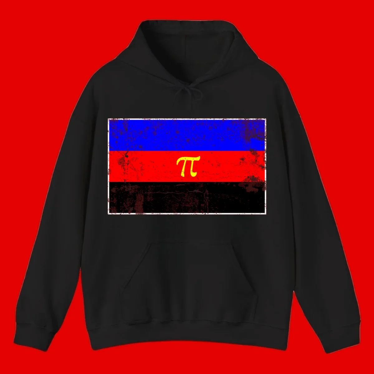 Pi mathematical symbol in yellow on distressed German flag with blue, red, and black horizontal stripes and grunge texture overlay