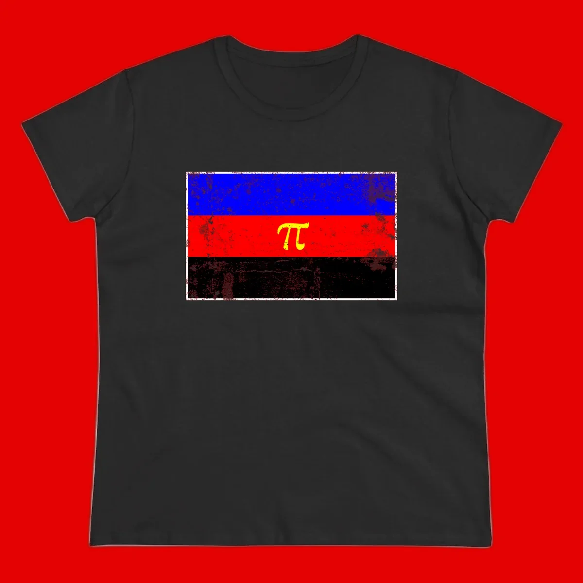 Pi mathematical symbol in yellow on distressed German flag with blue, red, and black horizontal stripes and grunge texture overlay