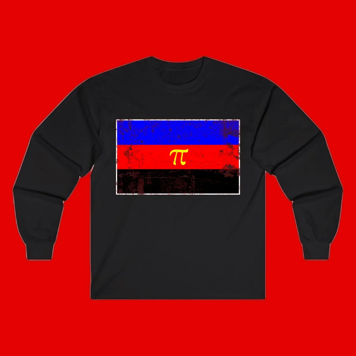 Pi mathematical symbol in yellow on distressed German flag with blue, red, and black horizontal stripes and grunge texture overlay