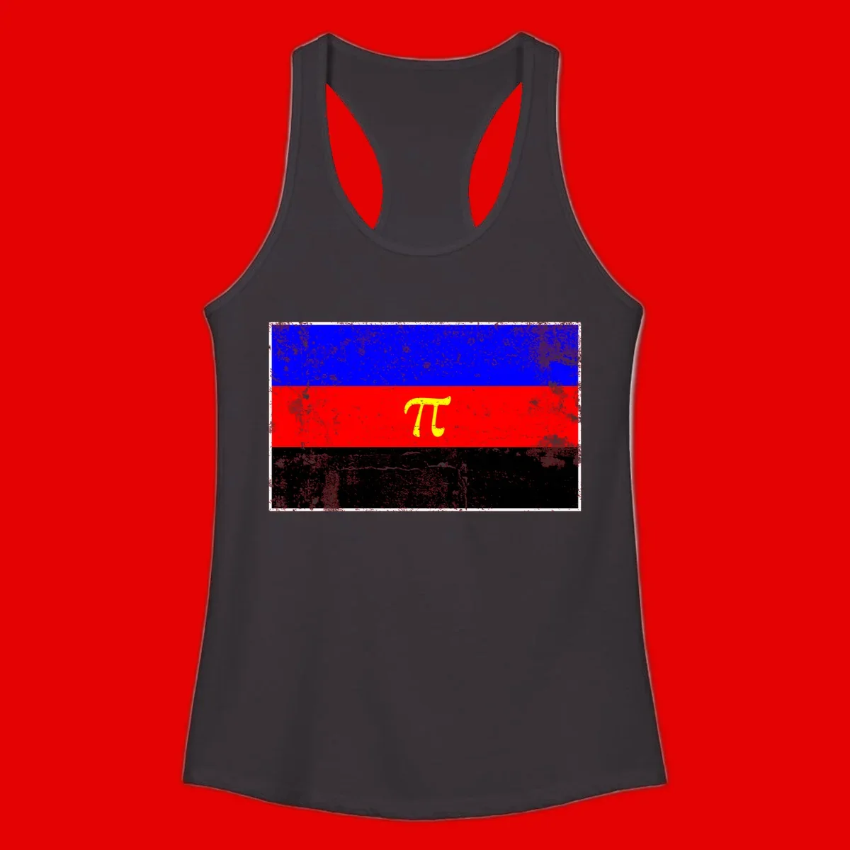 Pi mathematical symbol in yellow on distressed German flag with blue, red, and black horizontal stripes and grunge texture overlay