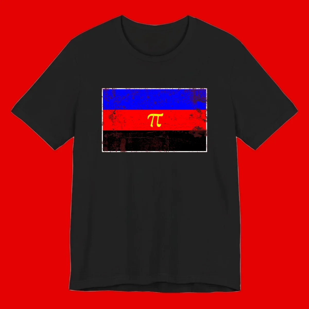 Pi mathematical symbol in yellow on distressed German flag with blue, red, and black horizontal stripes and grunge texture overlay