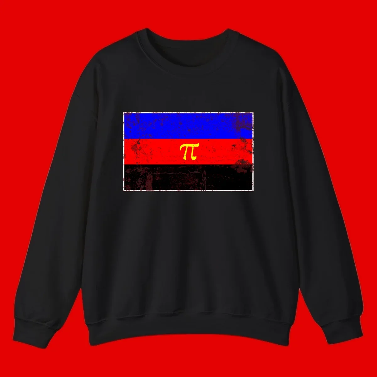 Pi mathematical symbol in yellow on distressed German flag with blue, red, and black horizontal stripes and grunge texture overlay