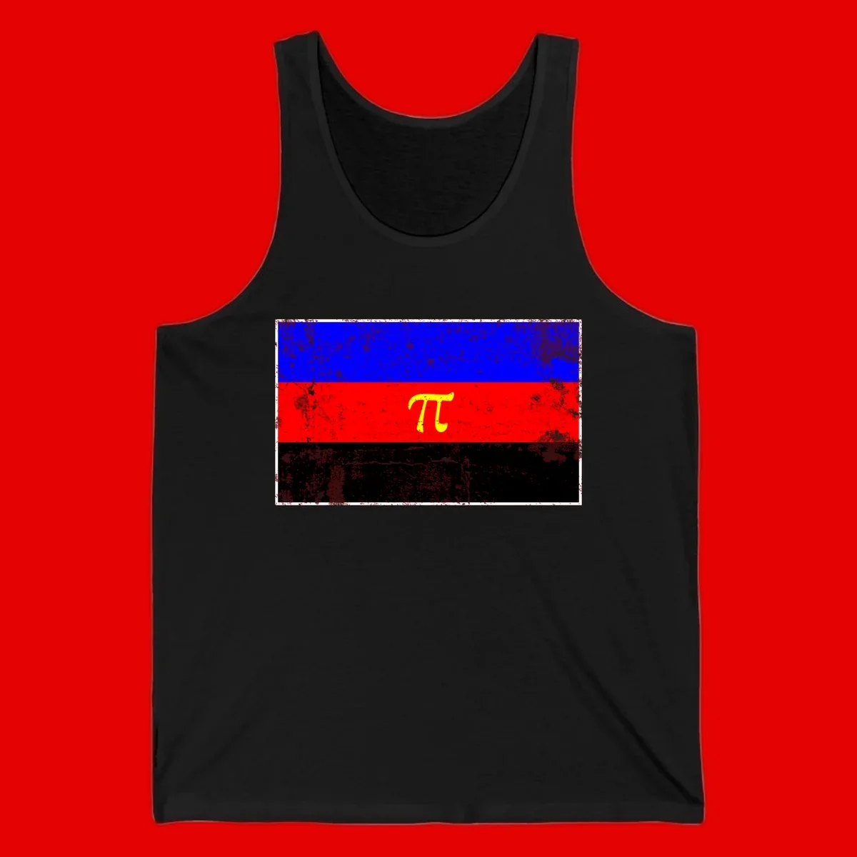Pi mathematical symbol in yellow on distressed German flag with blue, red, and black horizontal stripes and grunge texture overlay