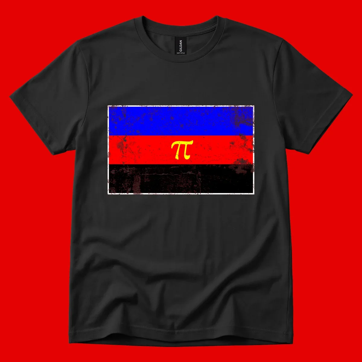 Pi mathematical symbol in yellow on distressed German flag with blue, red, and black horizontal stripes and grunge texture overlay