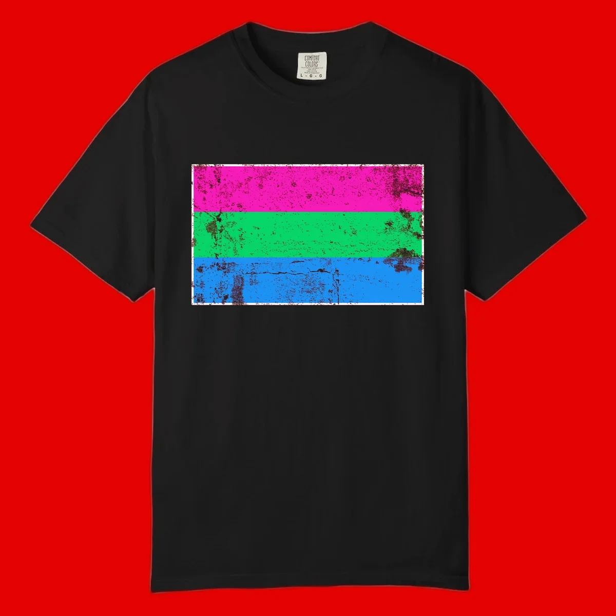 Horizontal pride flag stripes design in magenta, green, and blue with grunge distressed texture overlay