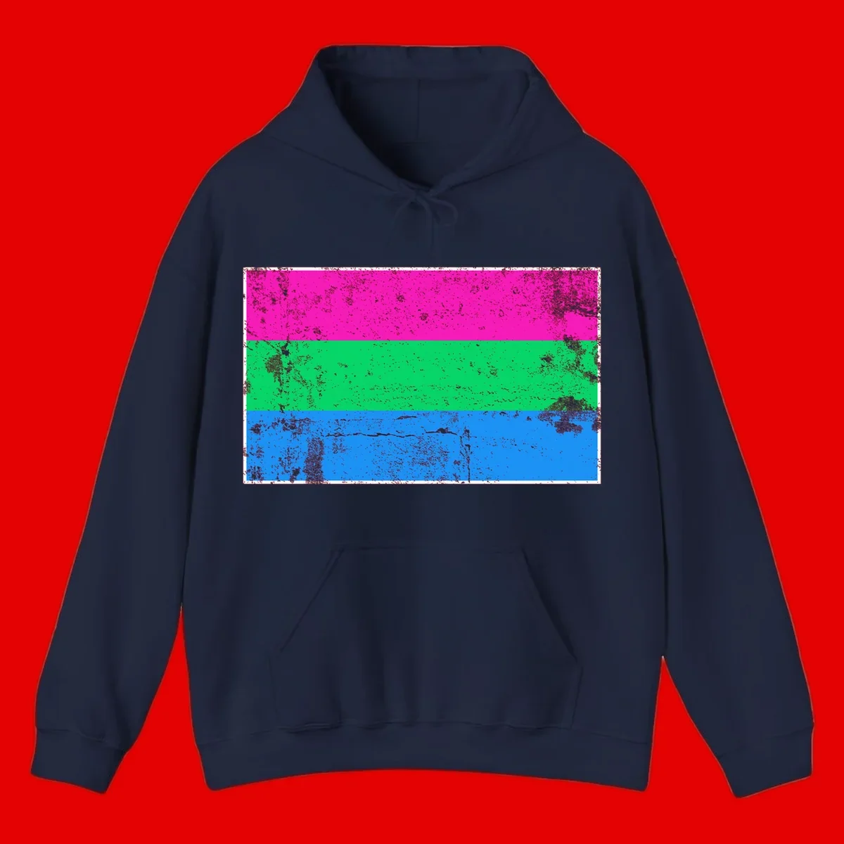 Horizontal pride flag stripes design in magenta, green, and blue with grunge distressed texture overlay