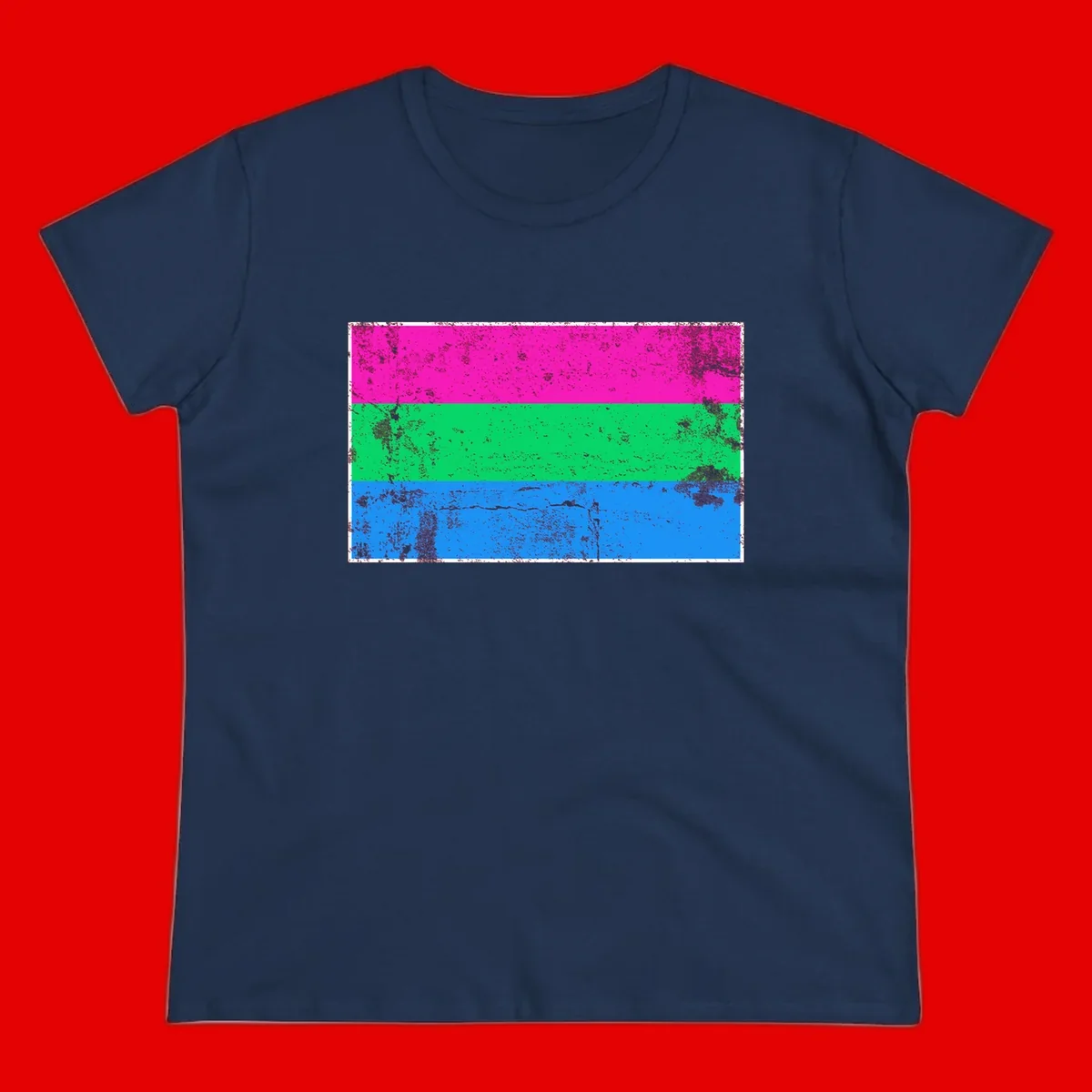 Horizontal pride flag stripes design in magenta, green, and blue with grunge distressed texture overlay
