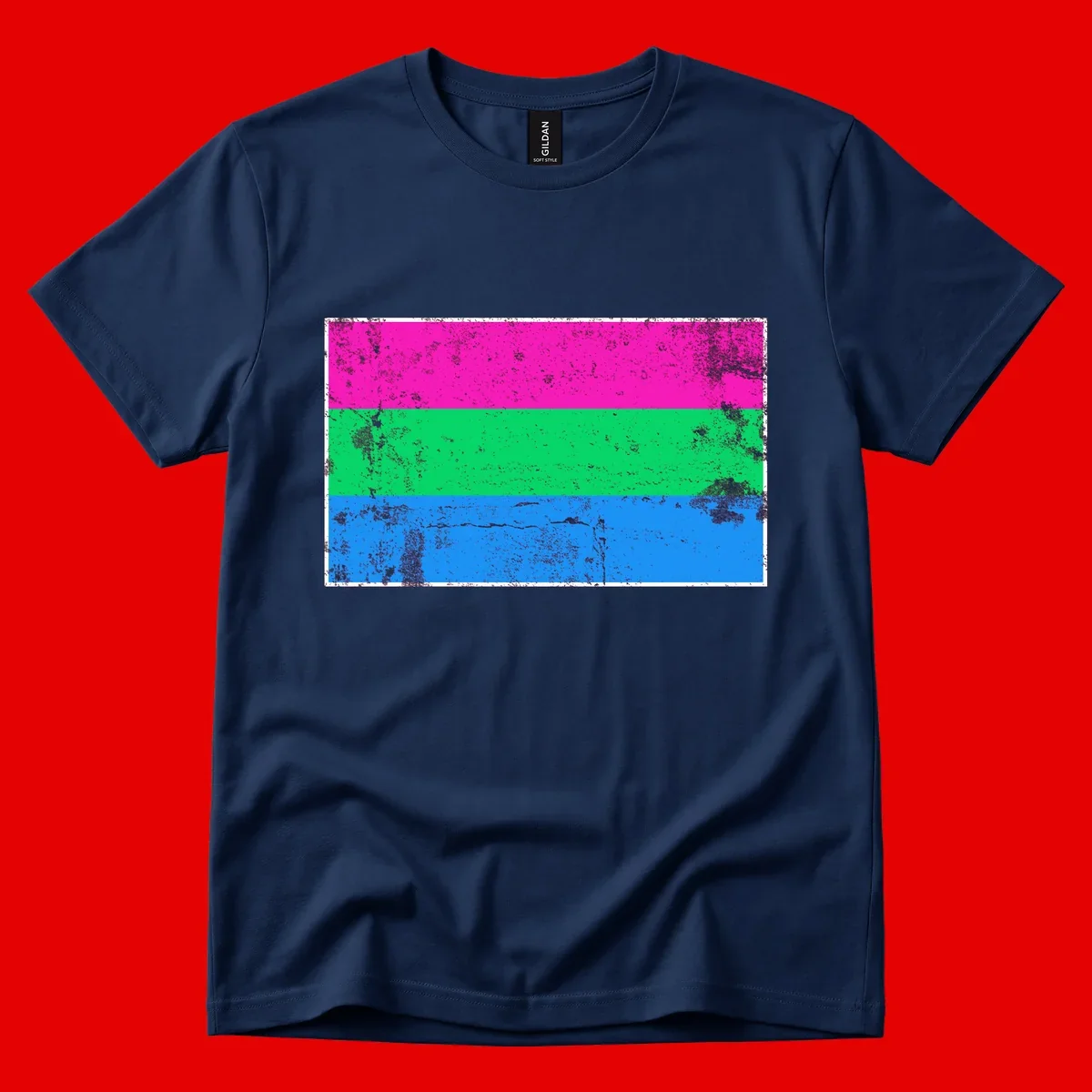 Horizontal pride flag stripes design in magenta, green, and blue with grunge distressed texture overlay