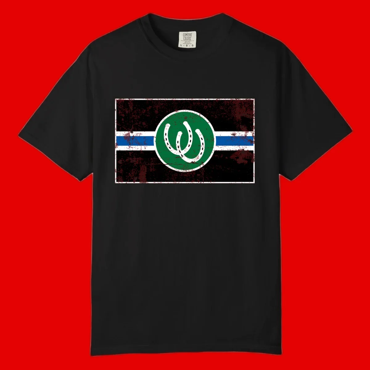 Lucky horseshoe stripes badge design with two white horseshoes on green circle and horizontal black, white, blue striped background with distressed texture