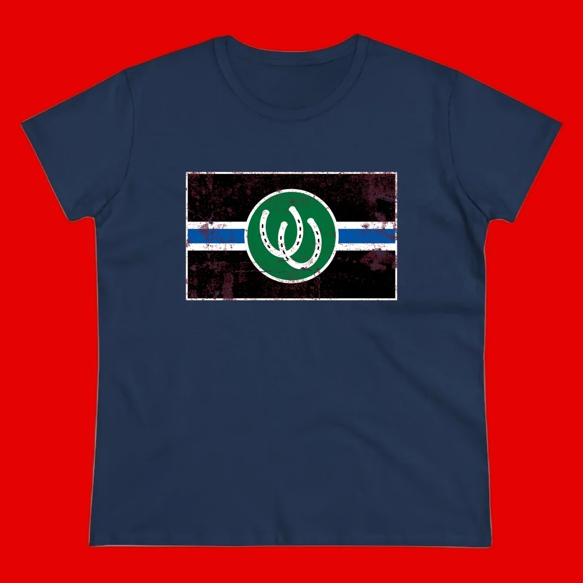 Lucky horseshoe stripes badge design with two white horseshoes on green circle and horizontal black, white, blue striped background with distressed texture