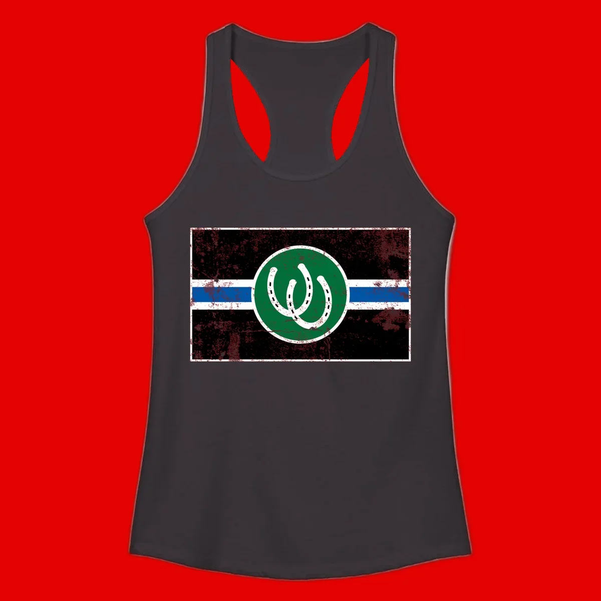 Lucky horseshoe stripes badge design with two white horseshoes on green circle and horizontal black, white, blue striped background with distressed texture