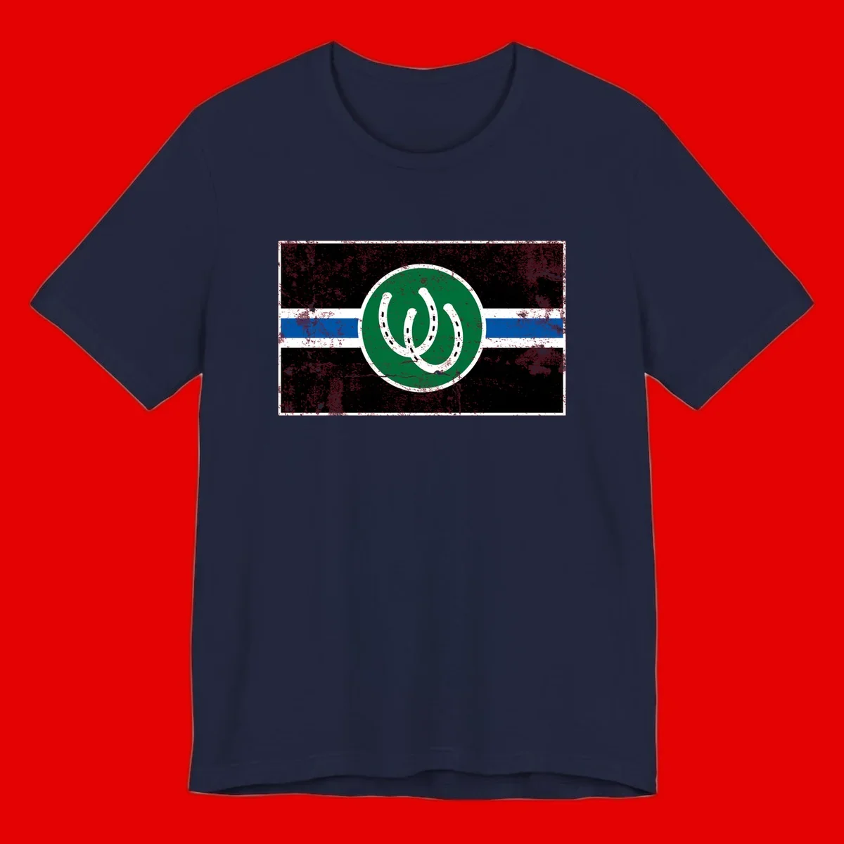 Lucky horseshoe stripes badge design with two white horseshoes on green circle and horizontal black, white, blue striped background with distressed texture